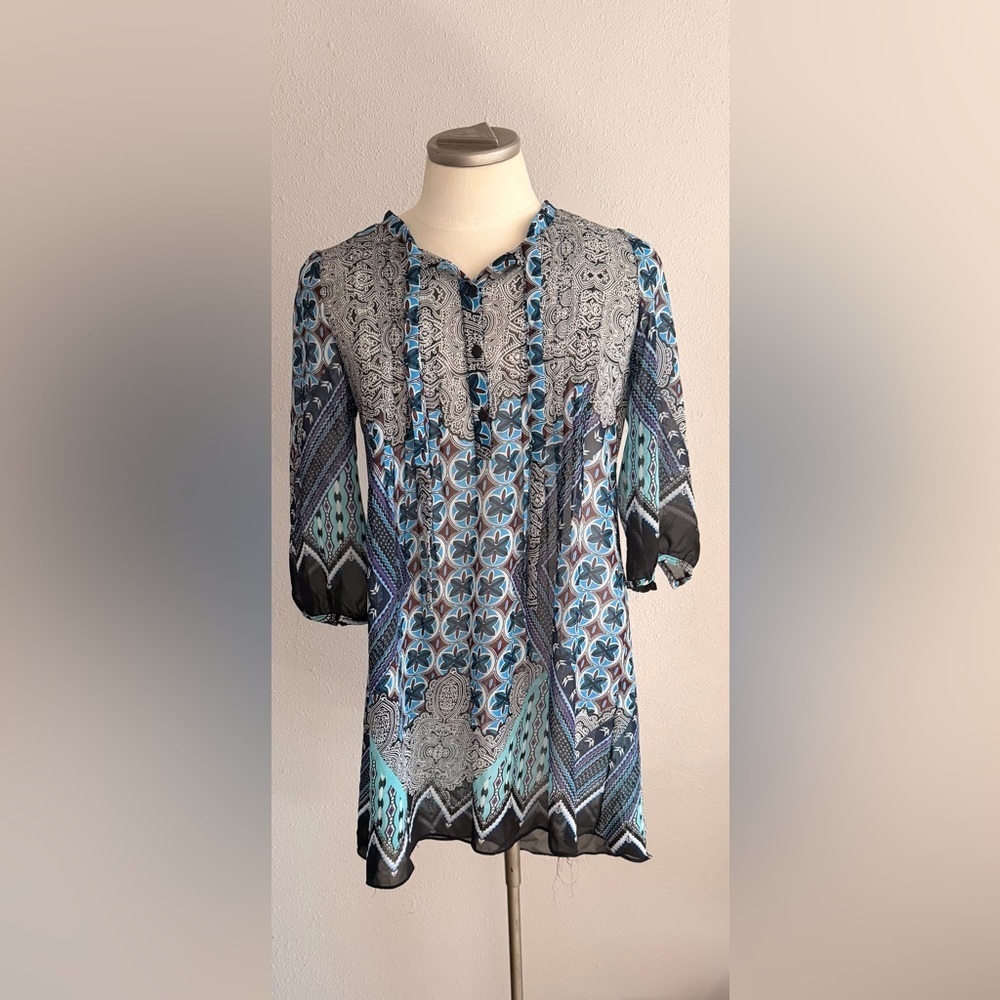 Reborn Women's Patterned Sheer Midi Dress - Blue and Black Large